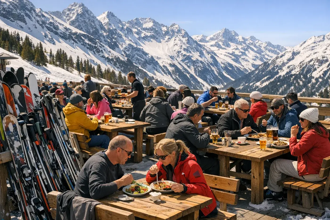 Solig terrass utanför en bergsrestaurang i Alperna