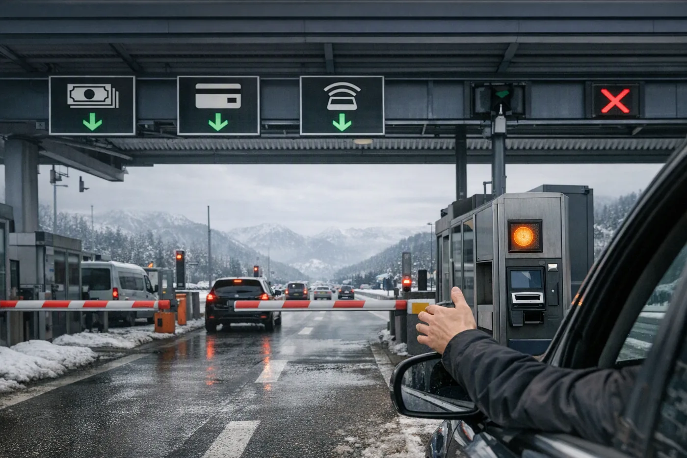 Betalstation på motorväg i Alperna med symboler för sedlar, kort och transponder