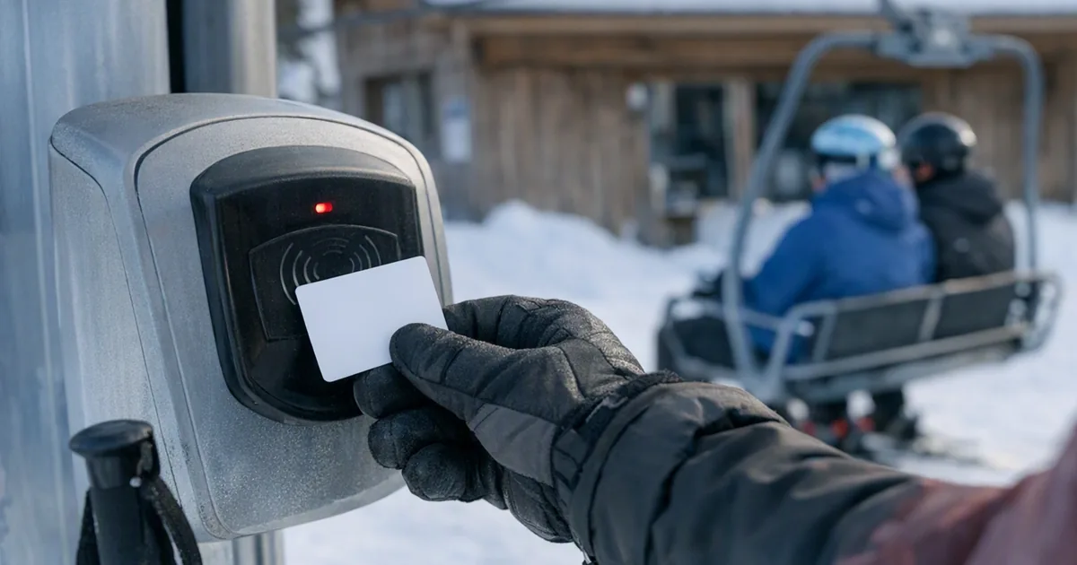Skidåkare håller upp ett liftkort mot spärren vid en stollift
