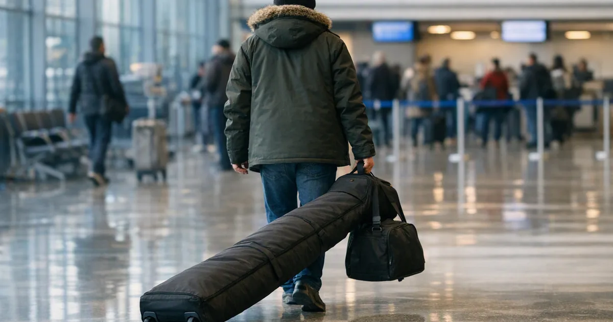 Resenär drar en skidbag och en pjäxbag genom en flygplatsterminal