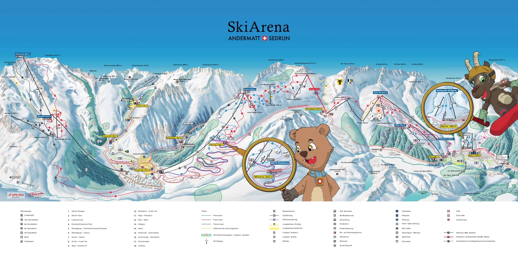 Pistkarta över Andermatt, pister, liftar och nedfarter