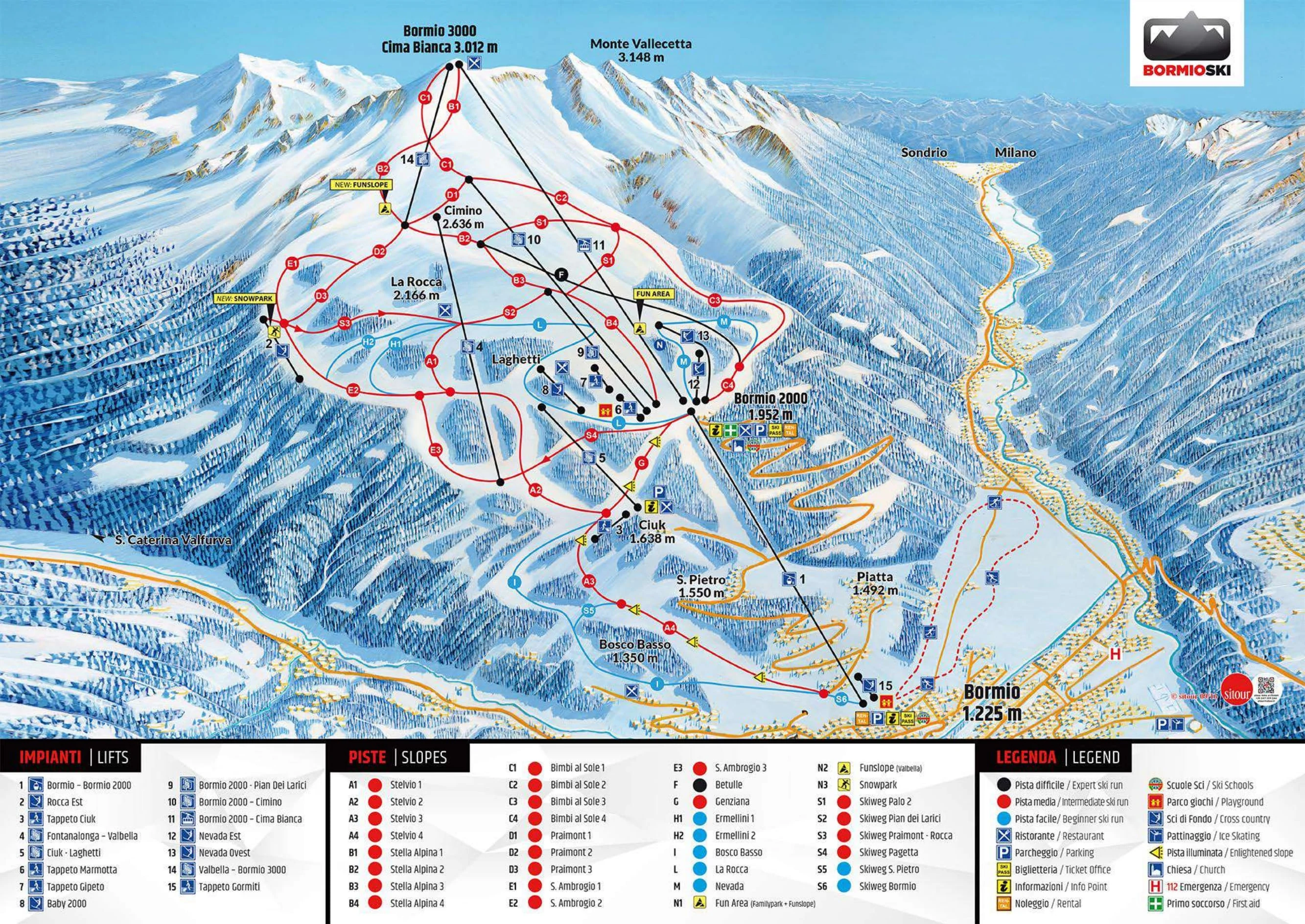 Pistkarta över Bormio, pister, liftar och nedfarter