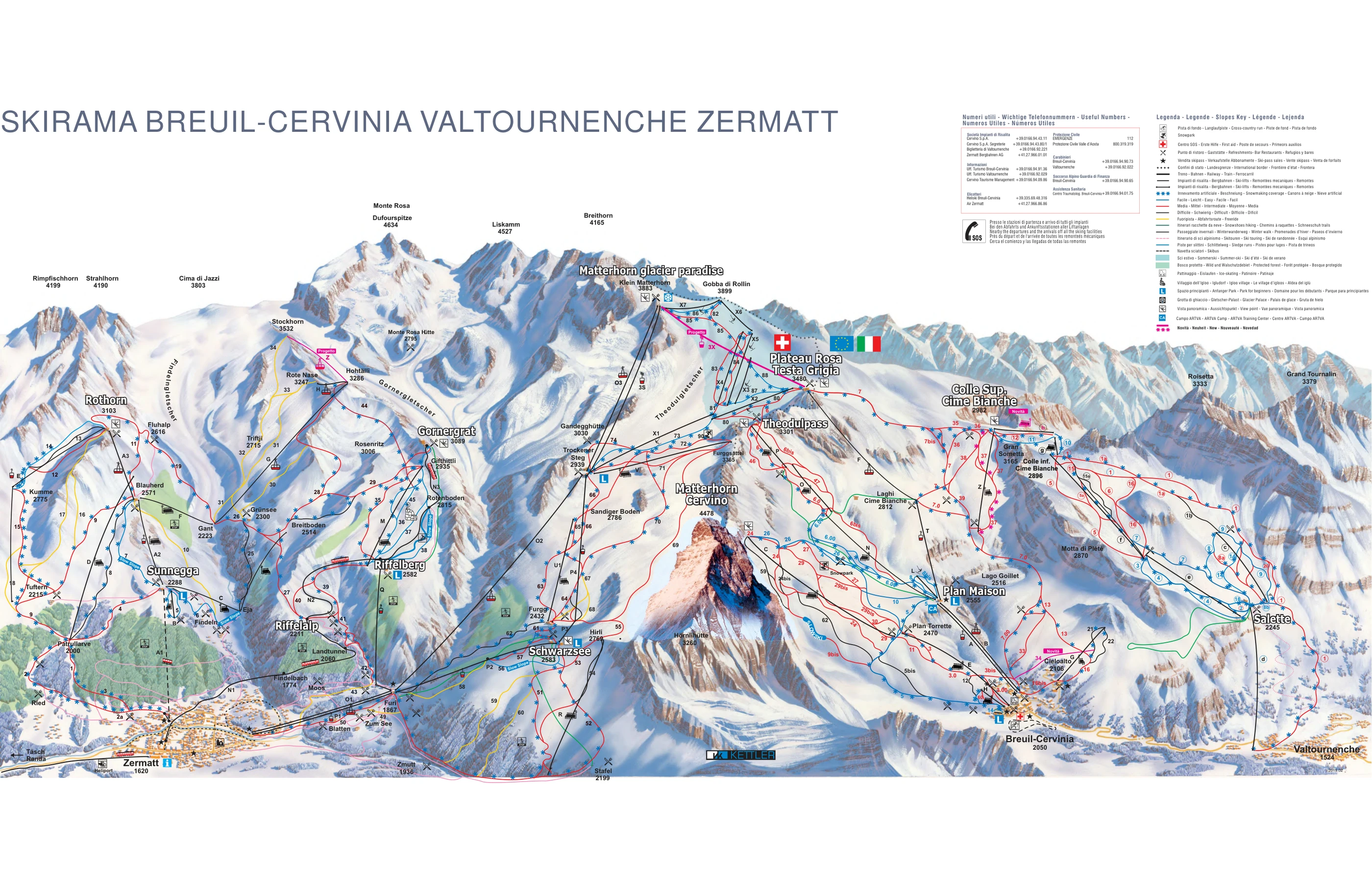 Pistkarta över Cervinia, pister, liftar och nedfarter