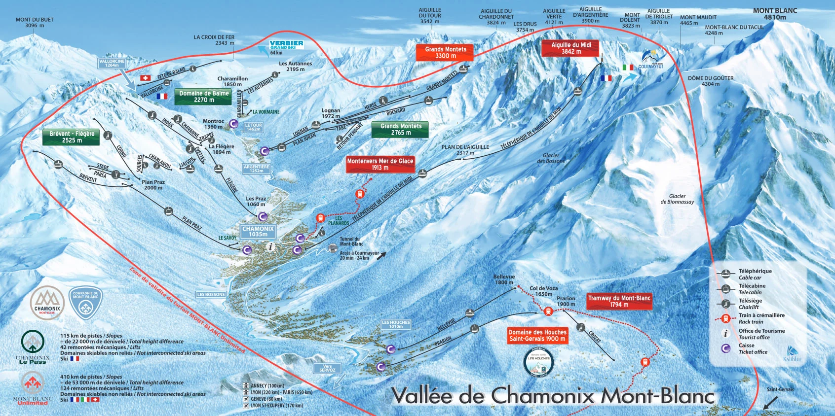 Pistkarta över Chamonix, pister, liftar och nedfarter