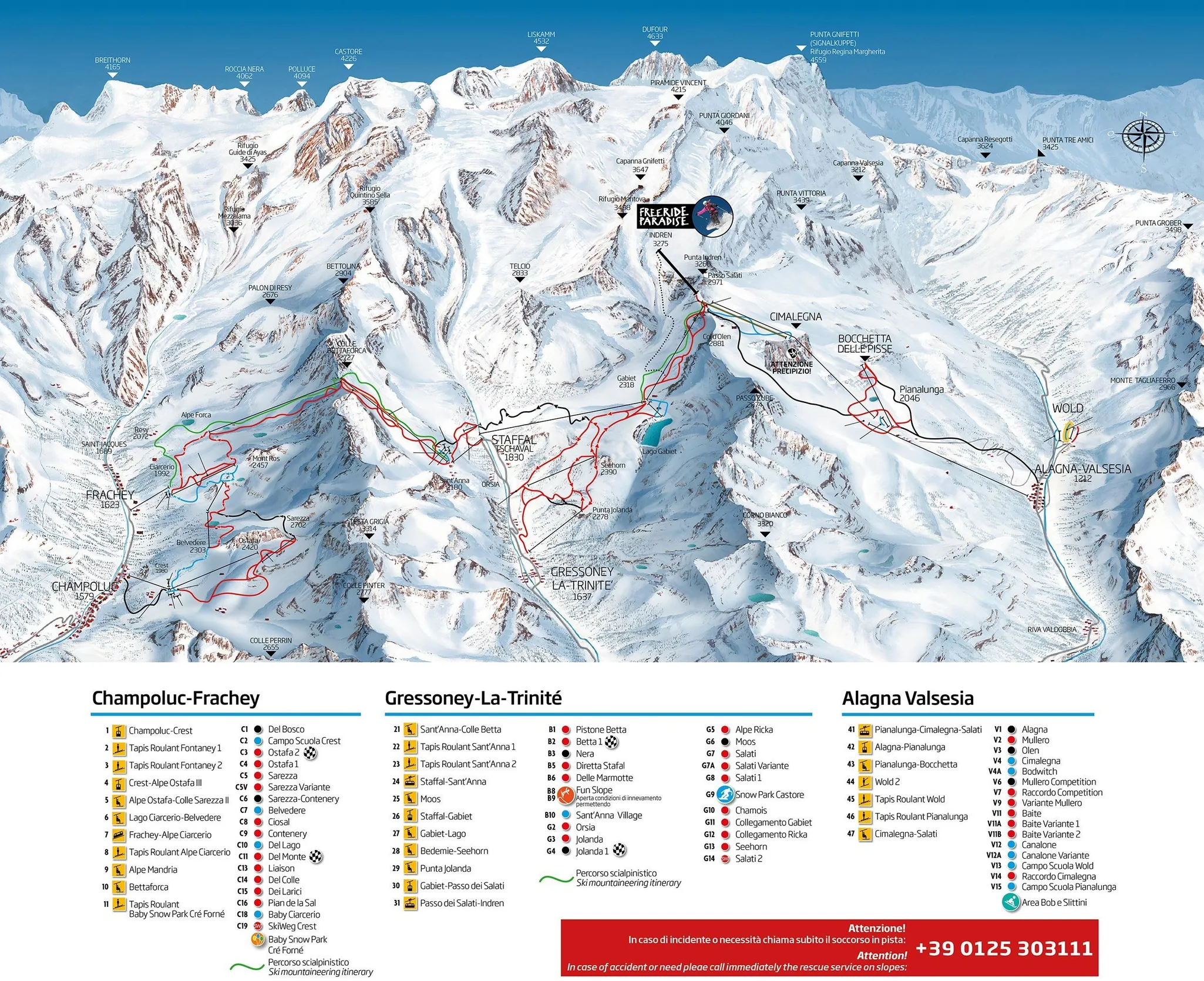 Pistkarta över Champoluc, pister, liftar och nedfarter
