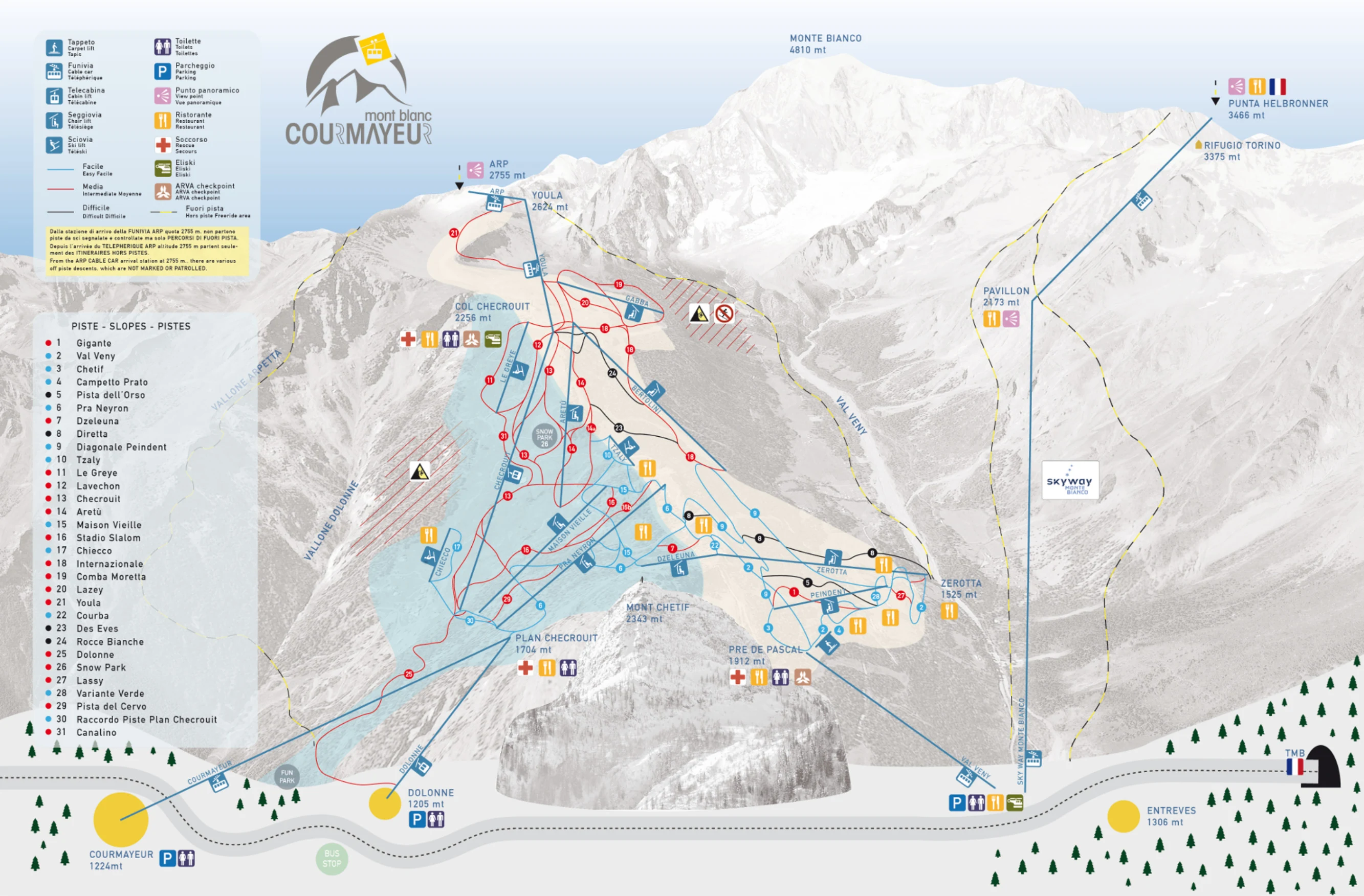 Pistkarta över Courmayeur, pister, liftar och nedfarter