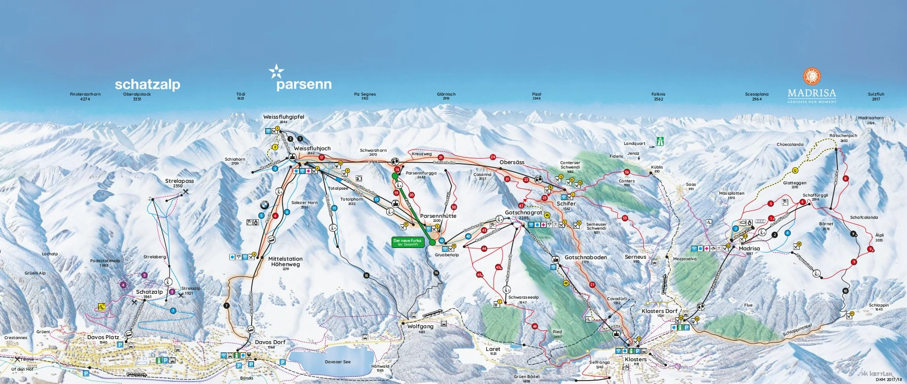Pistkarta över Davos, pister, liftar och nedfarter