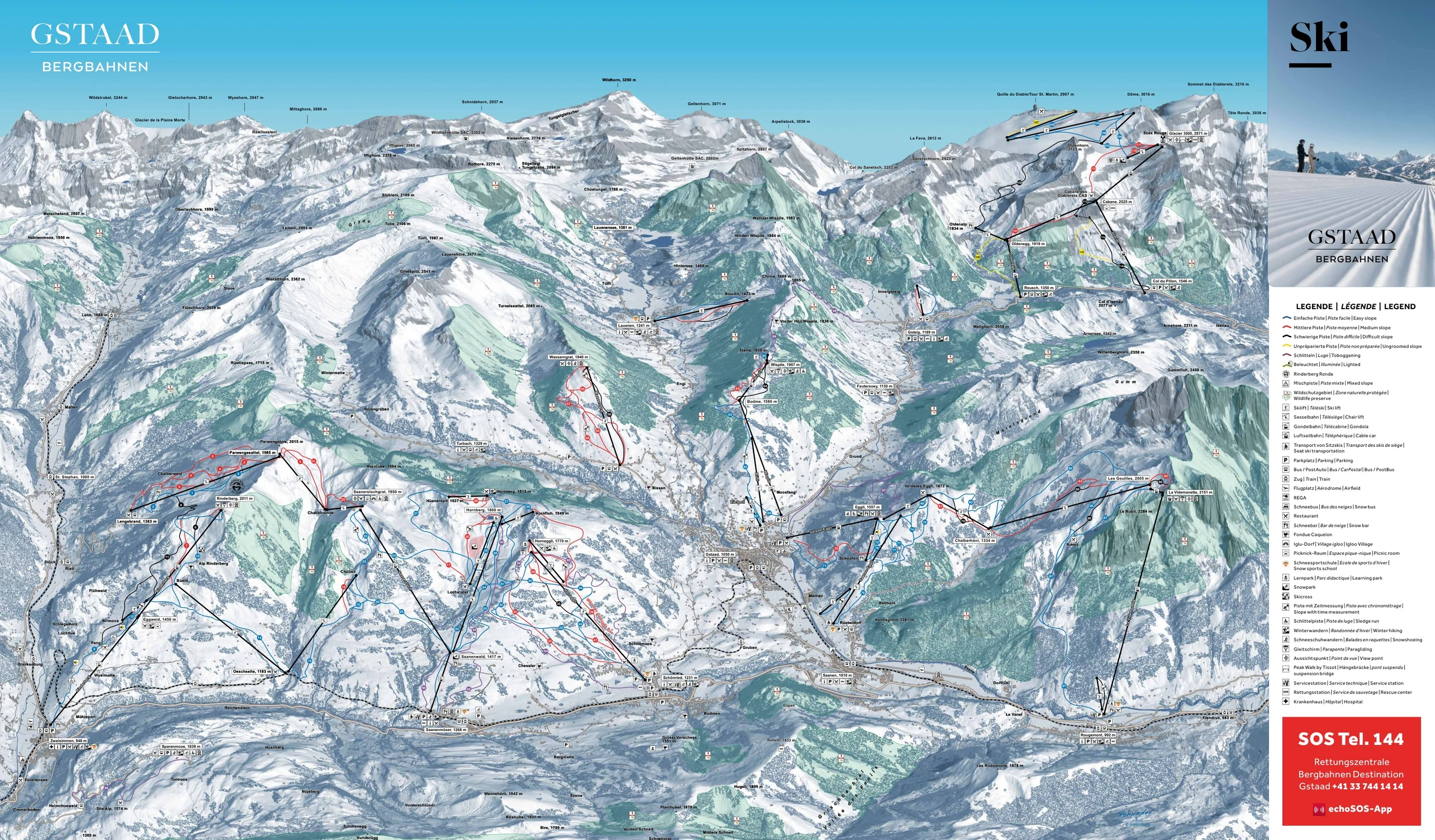 Pistkarta över Gstaad, pister, liftar och nedfarter