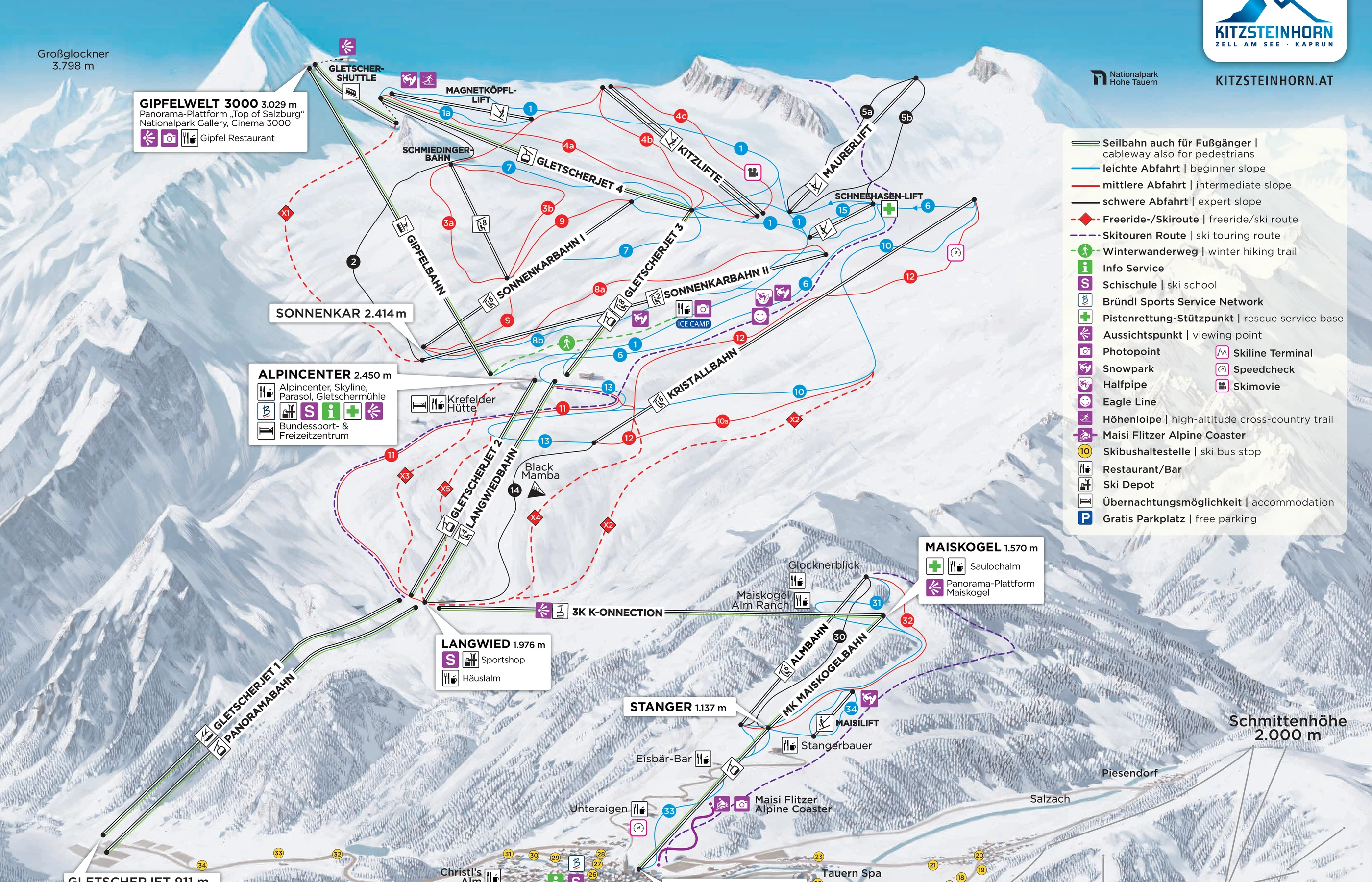 Pistkarta över Kaprun, pister, liftar och nedfarter
