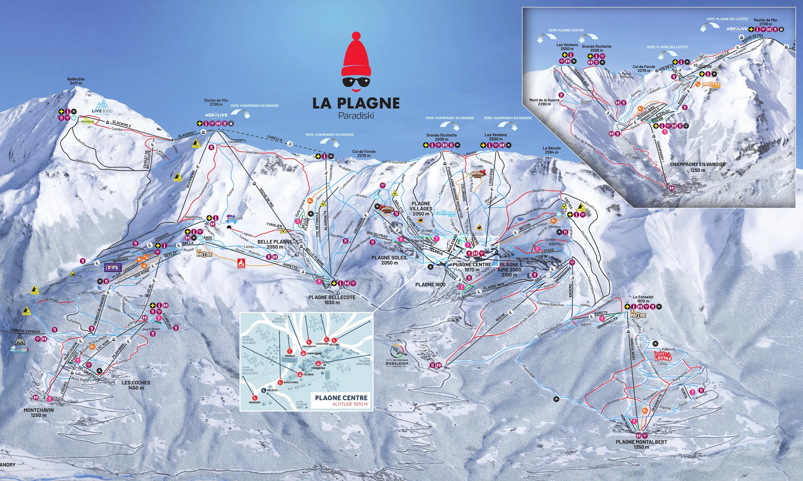 Pistkarta över La Plagne, pister, liftar och nedfarter