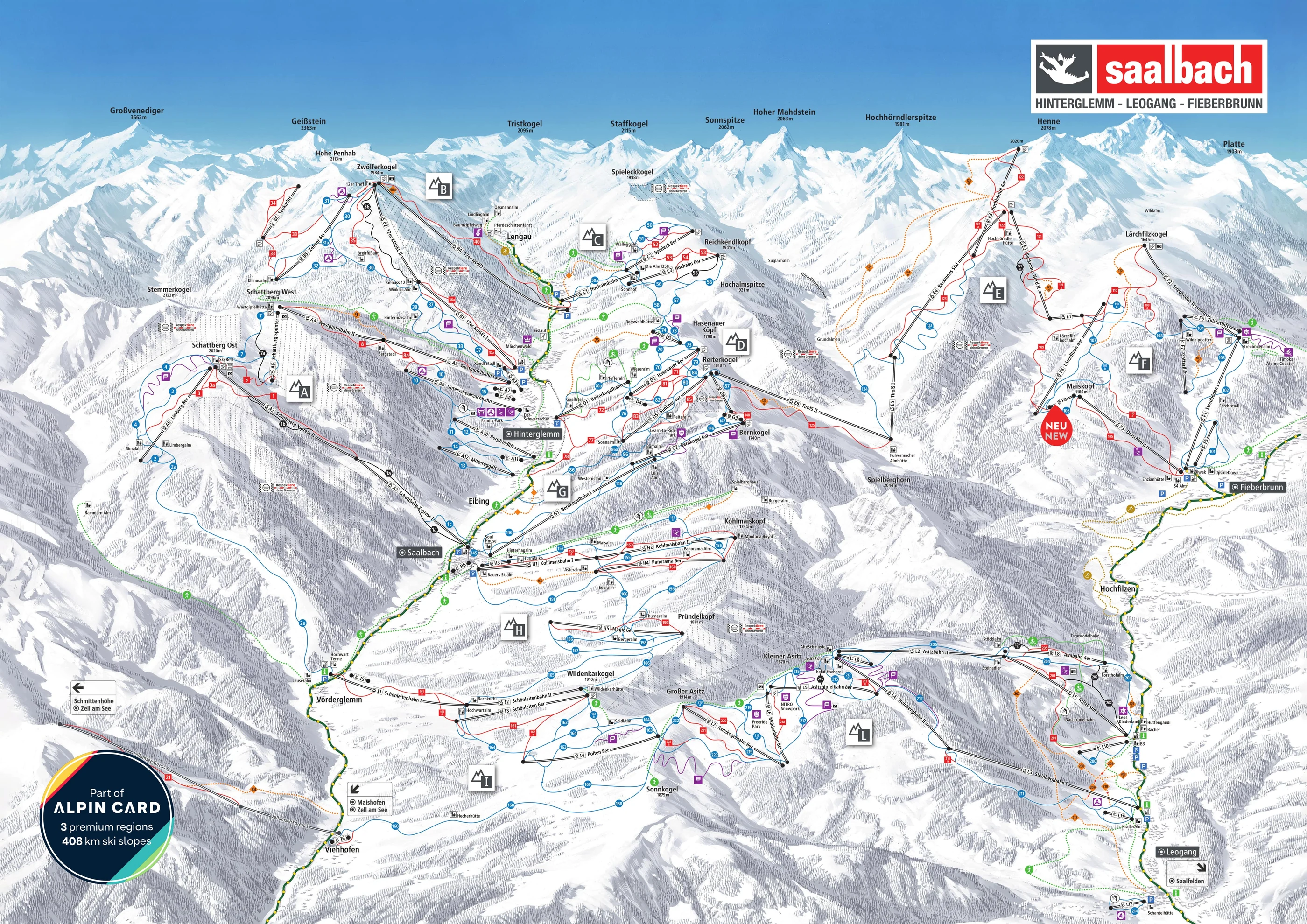 Pistkarta över Leogang, pister, liftar och nedfarter