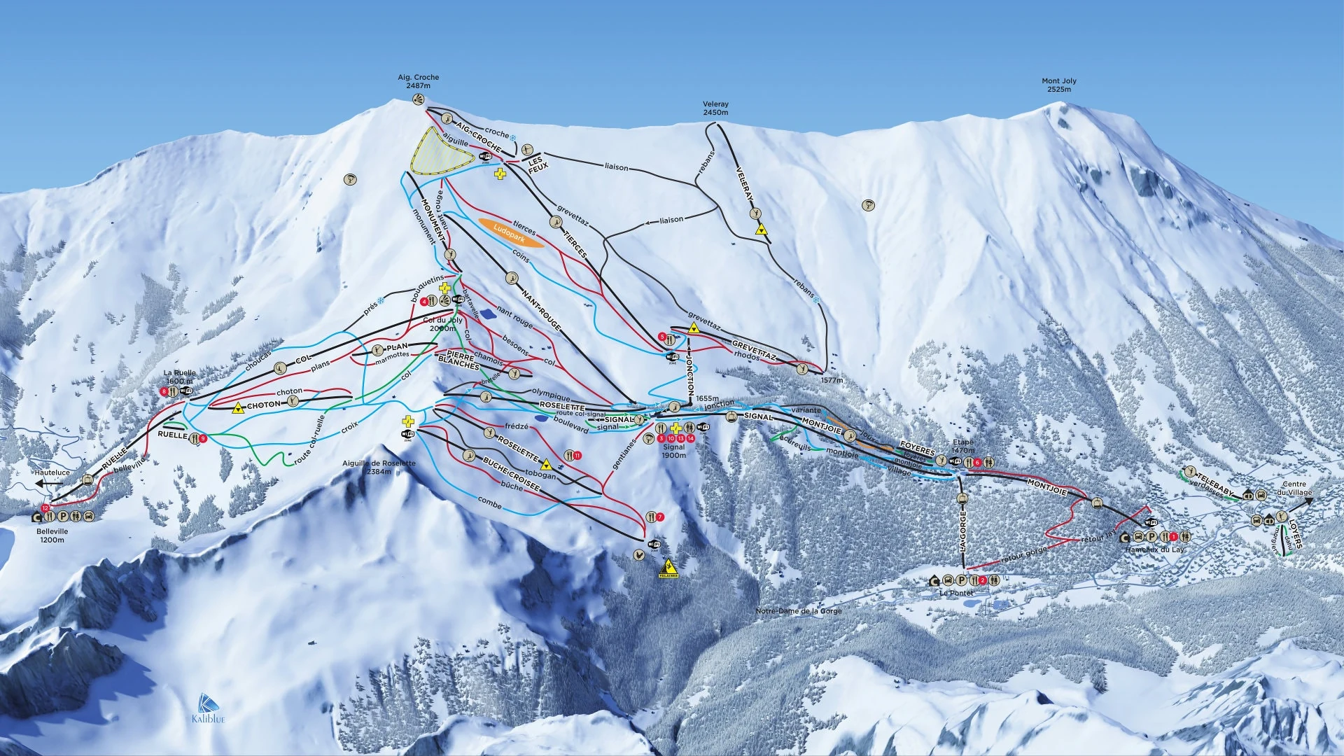 Pistkarta över Les Contamines-Montjoie, pister, liftar och nedfarter