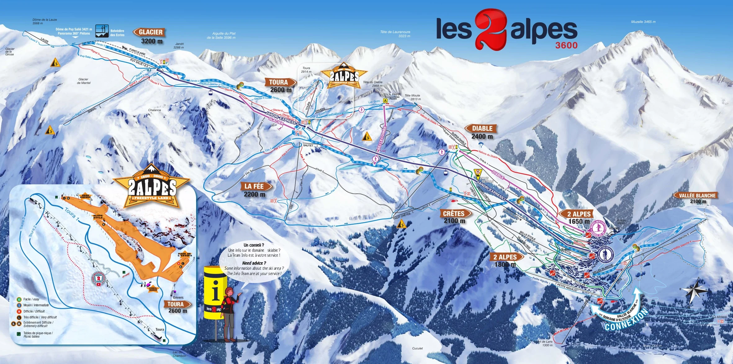 Pistkarta över Les Deux Alpes, pister, liftar och nedfarter