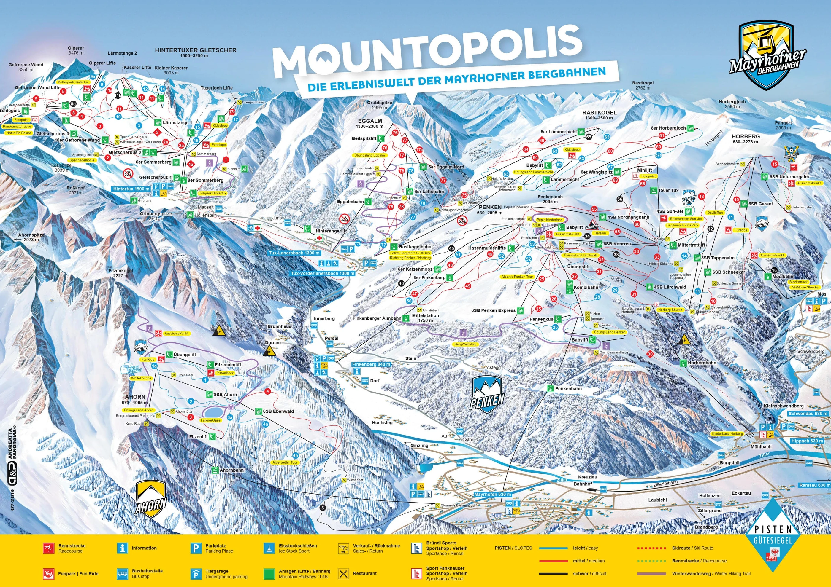 Pistkarta över Mayrhofen, pister, liftar och nedfarter