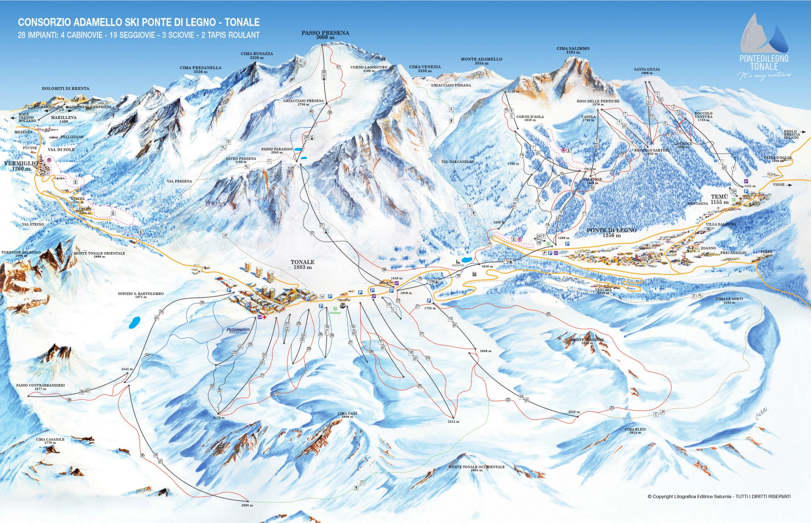 Pistkarta över Passo Tonale, pister, liftar och nedfarter