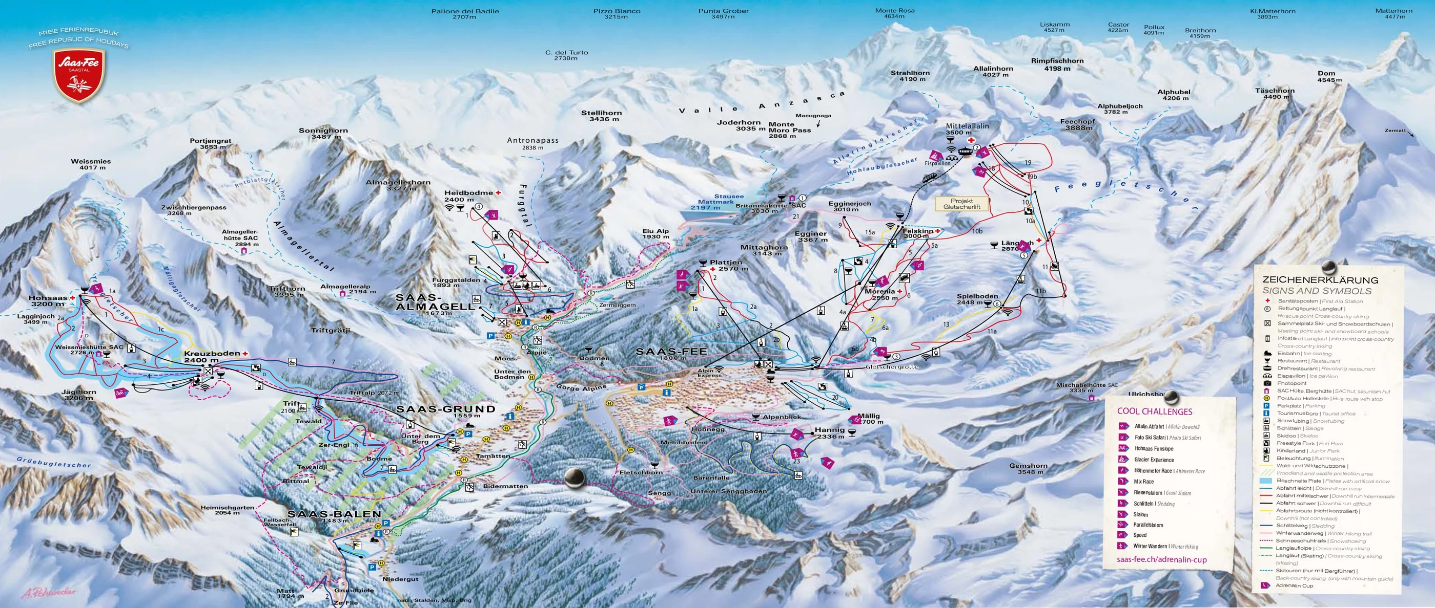 Pistkarta över Saas-Fee, pister, liftar och nedfarter