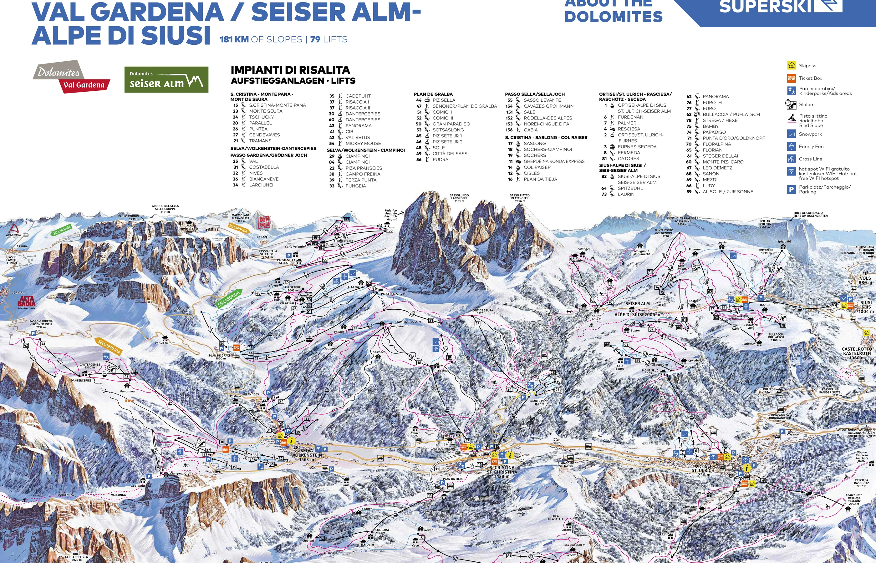 Pistkarta över Selva Val Gardena, pister, liftar och nedfarter