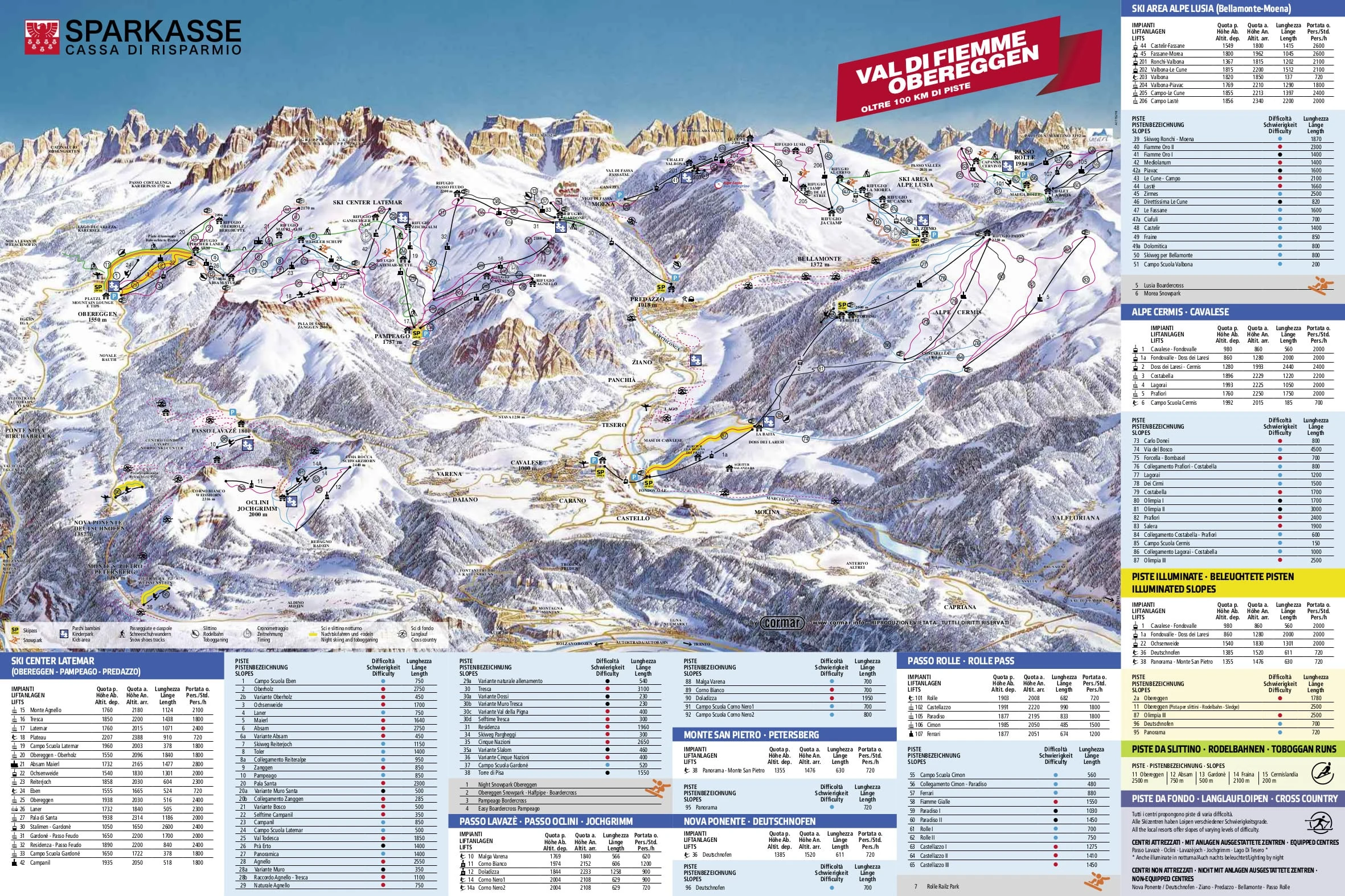 Pistkarta över Val di Fiemme, pister, liftar och nedfarter
