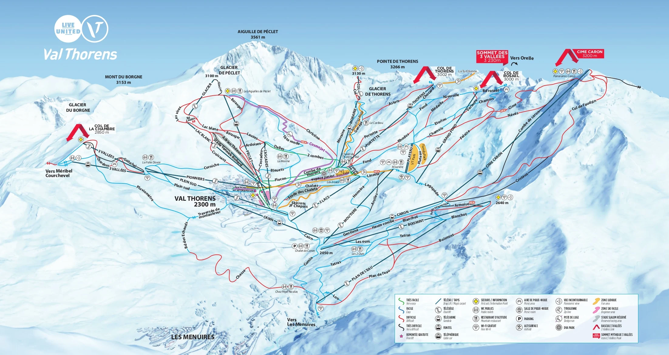 Pistkarta över Val Thorens, pister, liftar och nedfarter