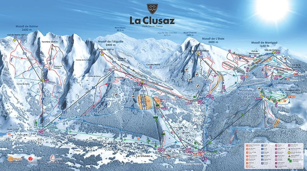 Pistkarta över La Clusaz, pister, liftar och nedfarter