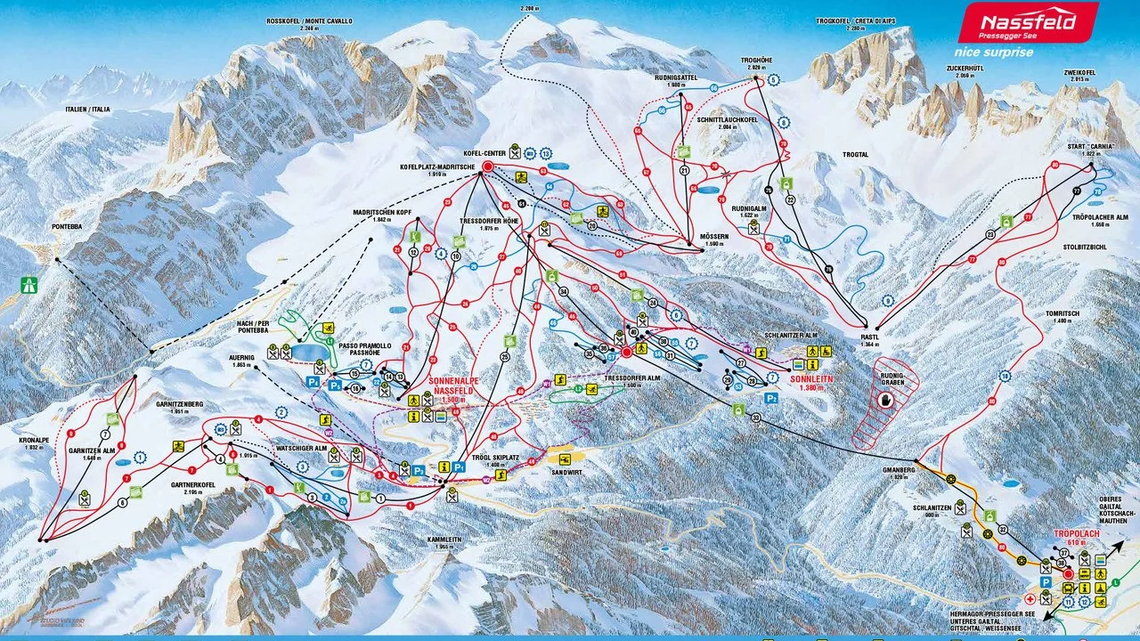 Pistkarta över Nassfeld, pister, liftar och nedfarter