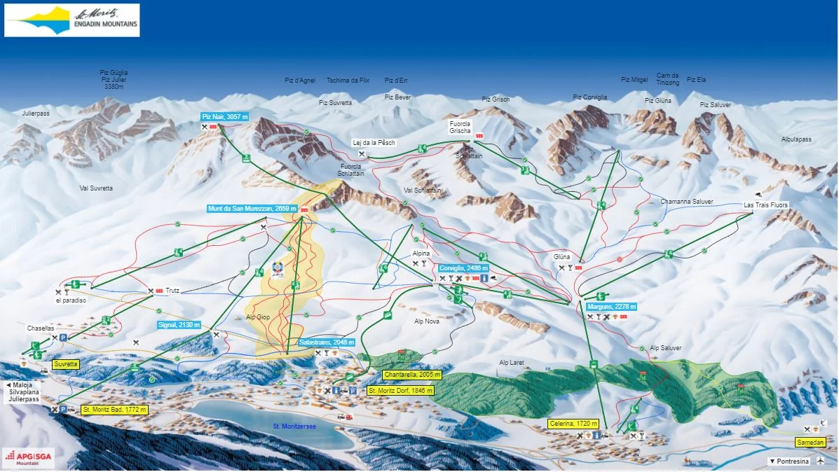 Pistkarta över St. Moritz, pister, liftar och nedfarter
