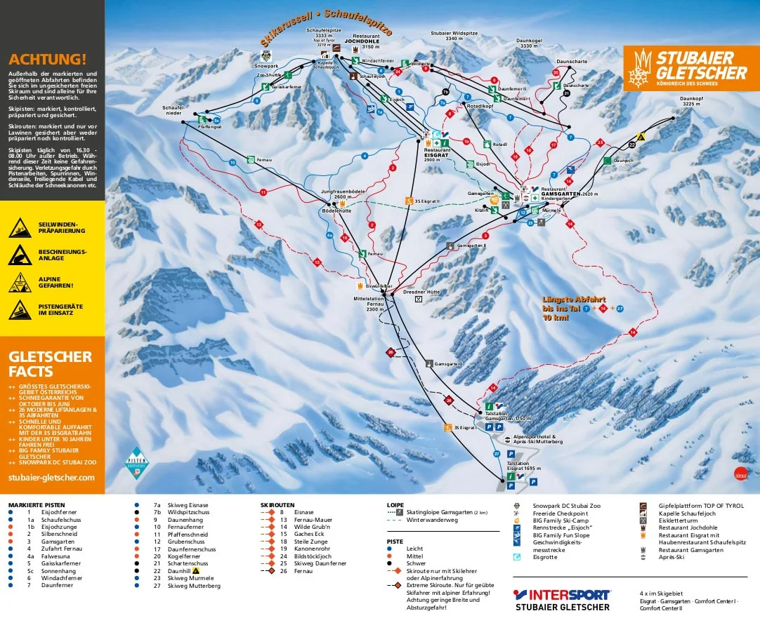 Pistkarta över Stubaital, pister, liftar och nedfarter